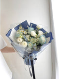 Morning Dew Wrapped Bouquet – White and Blue Roses, Daisies, and Chrysanthemums - NYC Bouquet Delivery